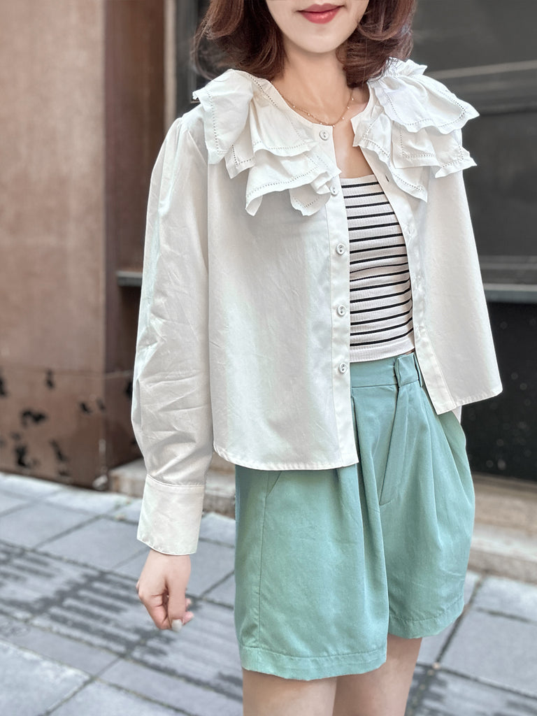 Surprise Sale! Crispy White Embroidery Layered Collar Cropped Shirt