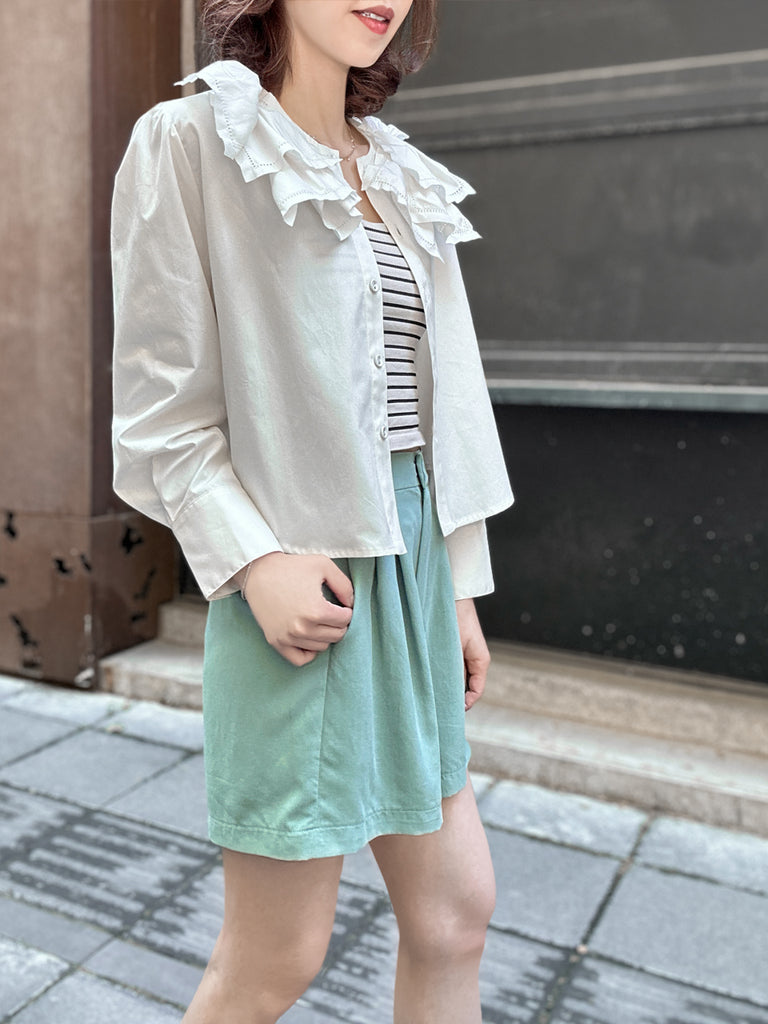 Surprise Sale! Crispy White Embroidery Layered Collar Cropped Shirt