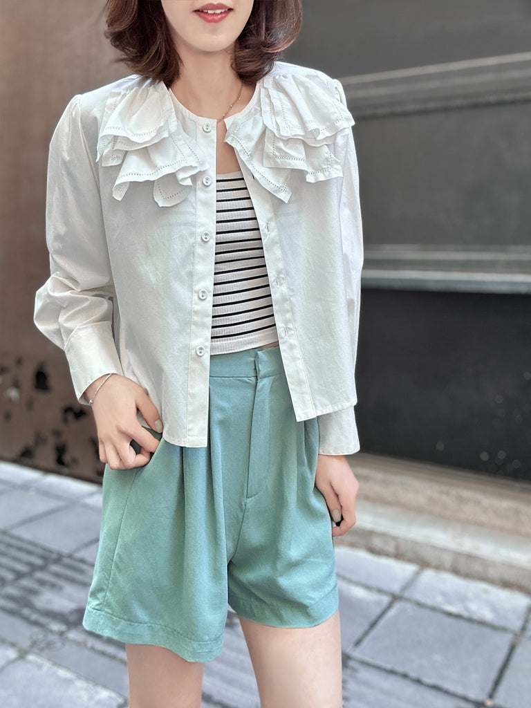 Surprise Sale! Crispy White Embroidery Layered Collar Cropped Shirt