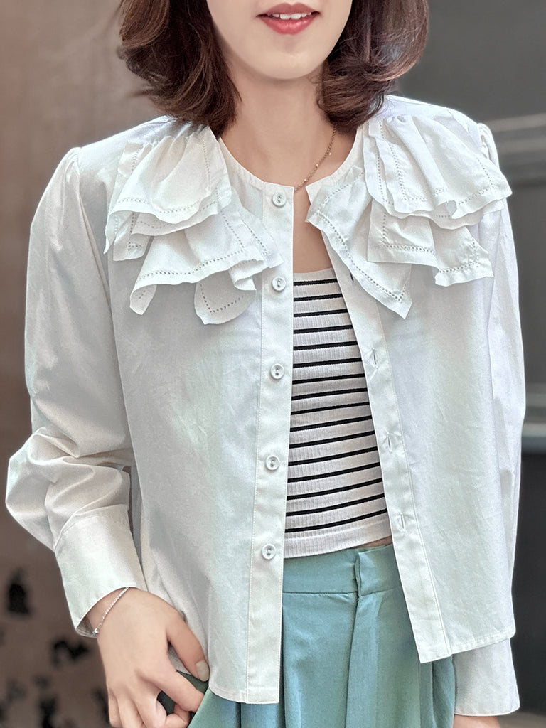 Surprise Sale! Crispy White Embroidery Layered Collar Cropped Shirt