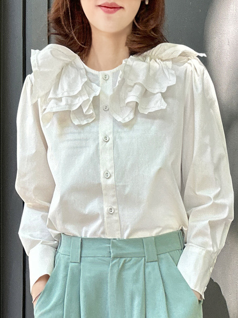 Surprise Sale! Crispy White Embroidery Layered Collar Cropped Shirt