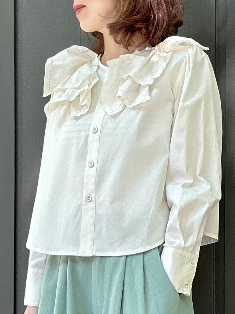 Surprise Sale! Crispy White Embroidery Layered Collar Cropped Shirt