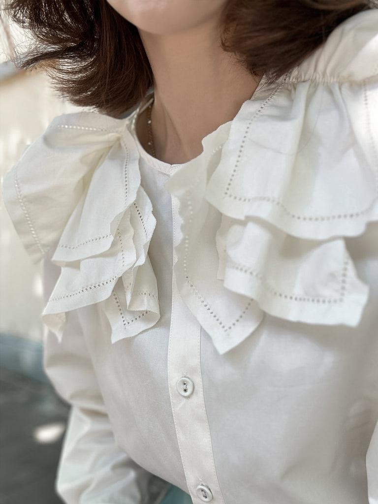 Surprise Sale! Crispy White Embroidery Layered Collar Cropped Shirt