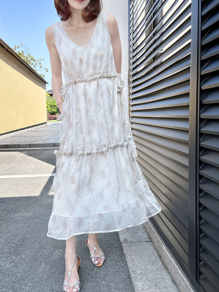 Final Sale! Beige Leafs Side Adjusted Tiers Cinched Panel Maxi-Dress