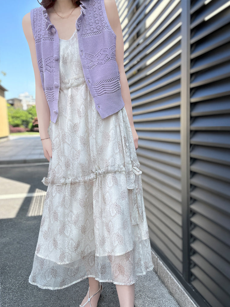 Final Sale! Beige Leafs Side Adjusted Tiers Cinched Panel Maxi-Dress