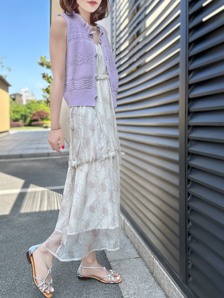 Final Sale! Beige Leafs Side Adjusted Tiers Cinched Panel Maxi-Dress