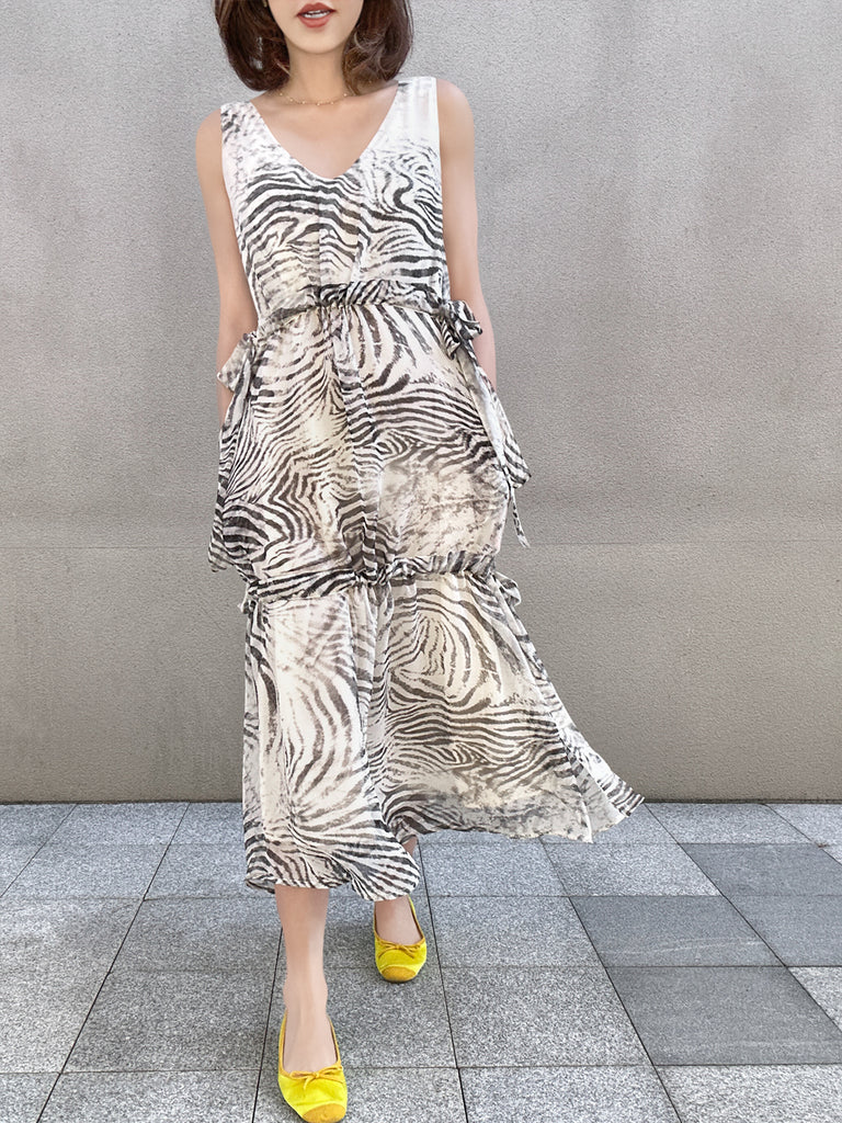 Final Sale! Zebra Print Side Adjusted Tiers Cinched Panel Maxi-Dress