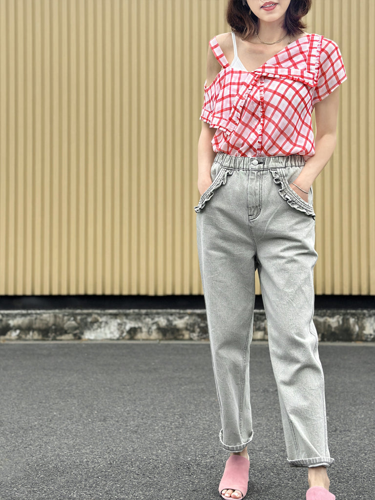 Surprise Sale! Red Check Flirty Cold Shoulder Asymmetrical Ruffle Silk Top