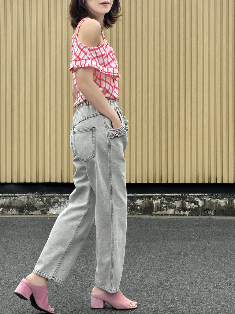 Surprise Sale! Red Check Flirty Cold Shoulder Asymmetrical Ruffle Silk Top