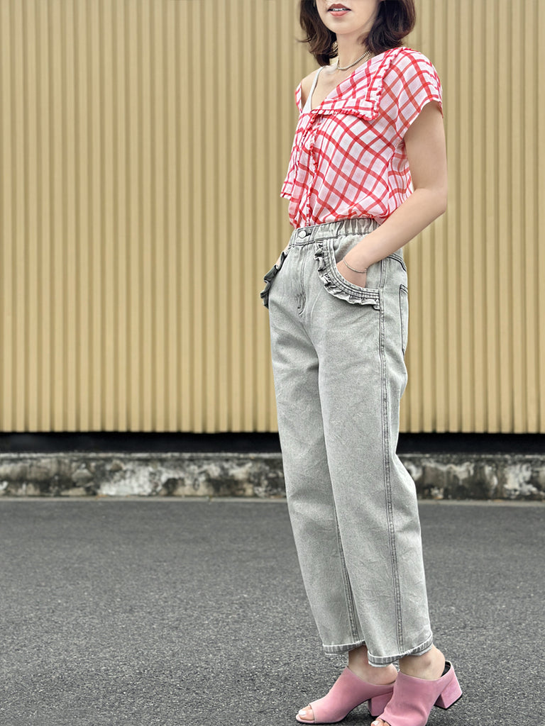 Surprise Sale! Red Check Flirty Cold Shoulder Asymmetrical Ruffle Silk Top