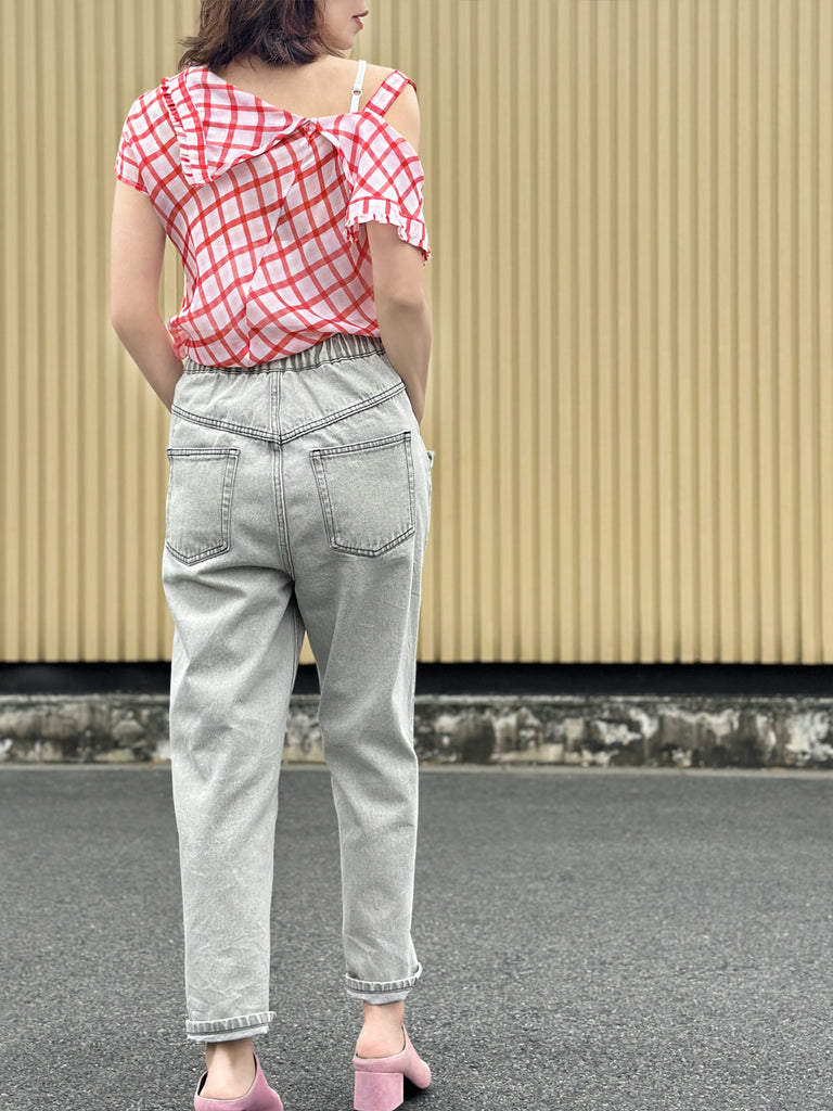 Surprise Sale! Red Check Flirty Cold Shoulder Asymmetrical Ruffle Silk Top