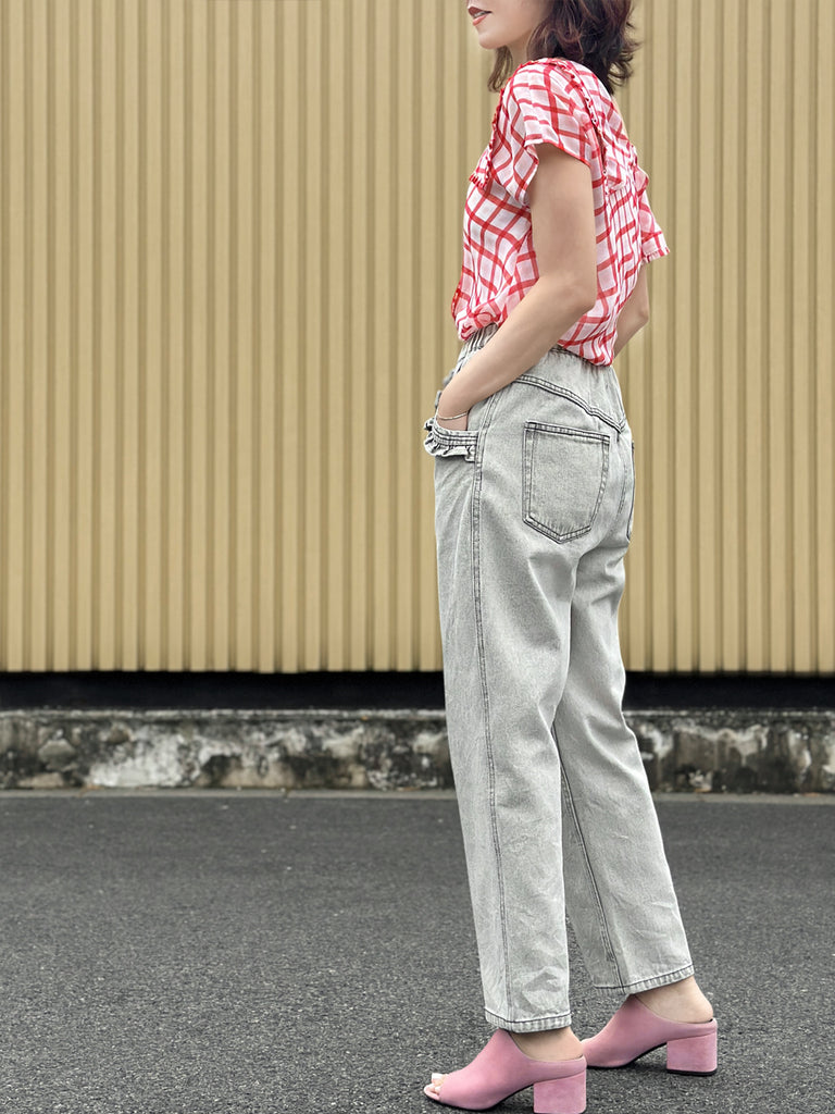 Surprise Sale! Red Check Flirty Cold Shoulder Asymmetrical Ruffle Silk Top