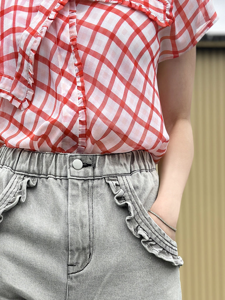 Surprise Sale! Red Check Flirty Cold Shoulder Asymmetrical Ruffle Silk Top