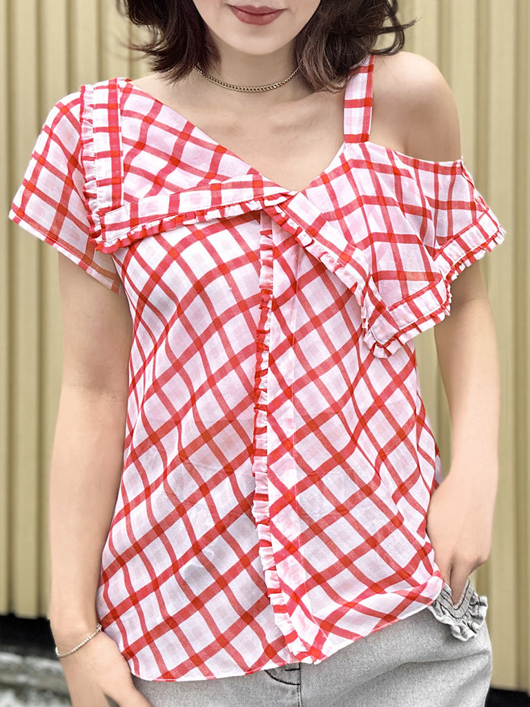Surprise Sale! Red Check Flirty Cold Shoulder Asymmetrical Ruffle Silk Top