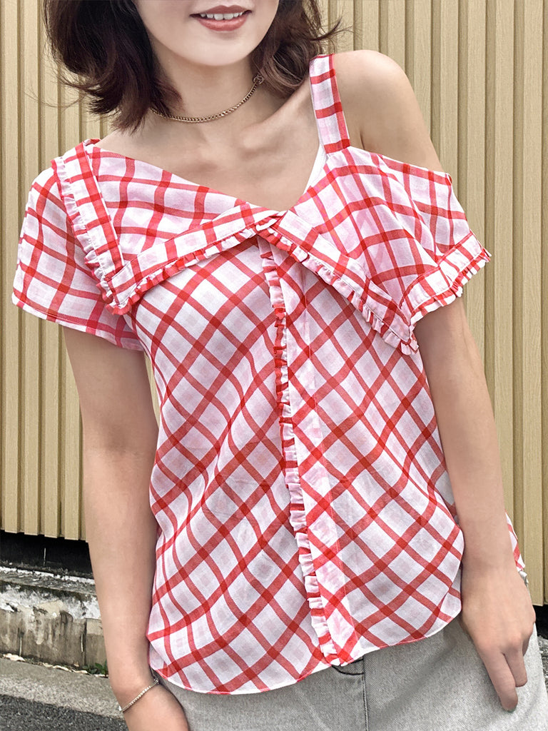 Surprise Sale! Red Check Flirty Cold Shoulder Asymmetrical Ruffle Silk Top