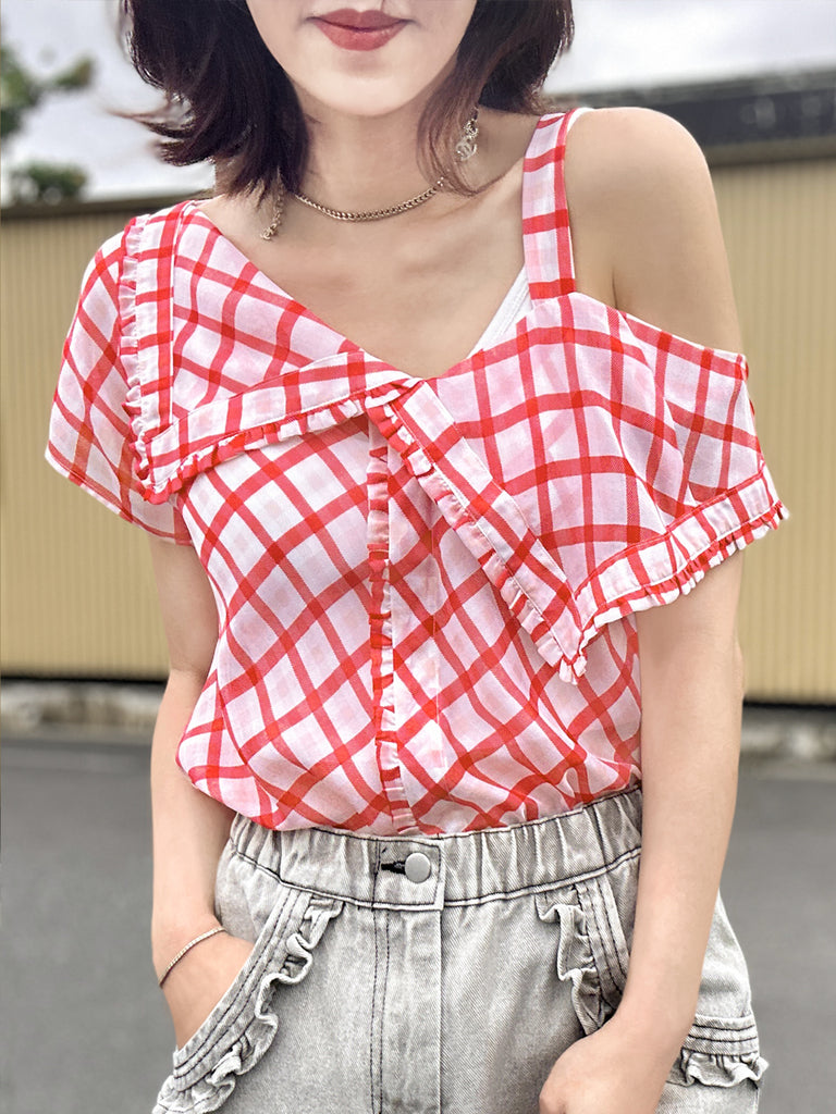 Surprise Sale! Red Check Flirty Cold Shoulder Asymmetrical Ruffle Silk Top