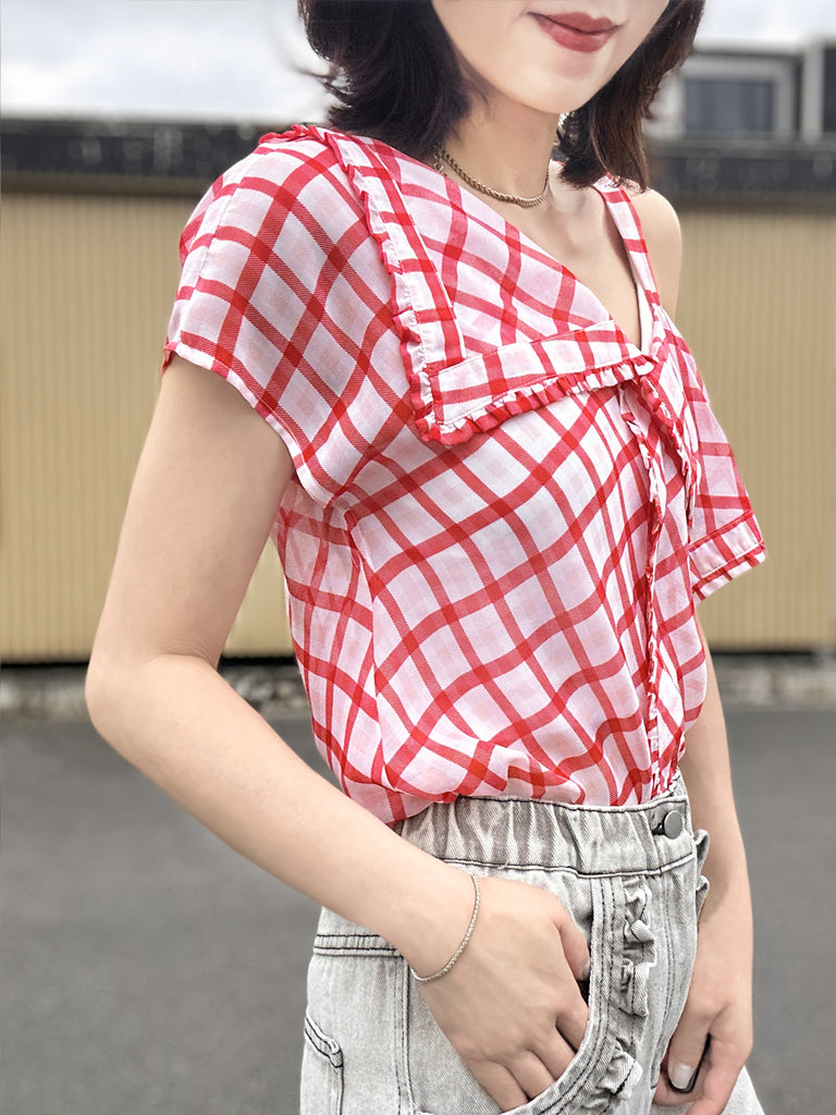 Surprise Sale! Red Check Flirty Cold Shoulder Asymmetrical Ruffle Silk Top