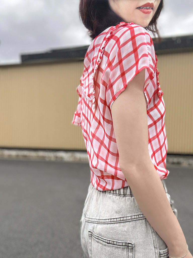 Surprise Sale! Red Check Flirty Cold Shoulder Asymmetrical Ruffle Silk Top