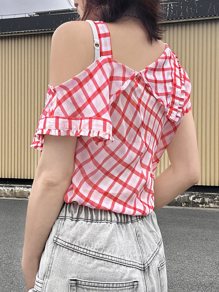 Surprise Sale! Red Check Flirty Cold Shoulder Asymmetrical Ruffle Silk Top