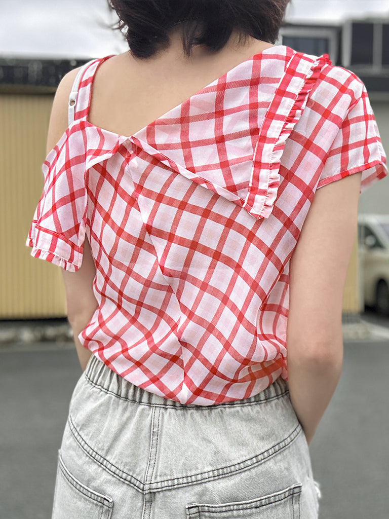Surprise Sale! Red Check Flirty Cold Shoulder Asymmetrical Ruffle Silk Top