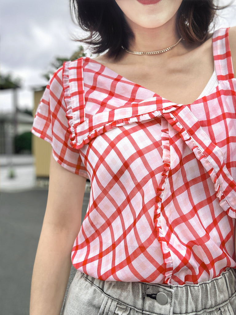 Surprise Sale! Red Check Flirty Cold Shoulder Asymmetrical Ruffle Silk Top