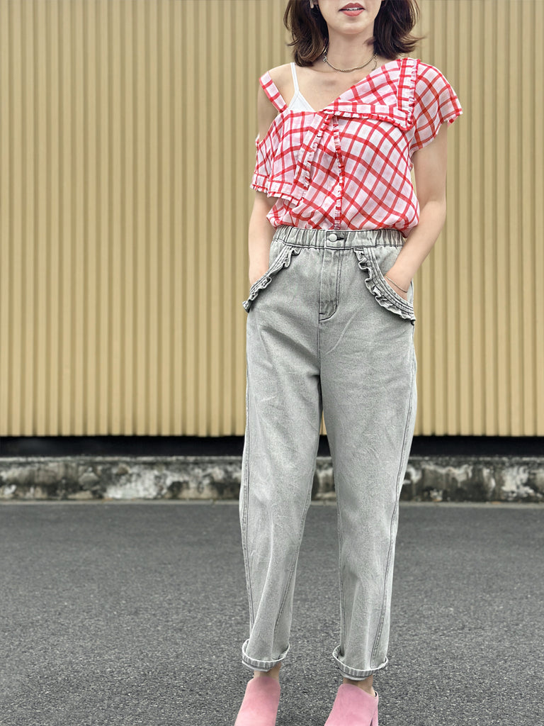 Surprise Sale! Red Check Flirty Cold Shoulder Asymmetrical Ruffle Silk Top