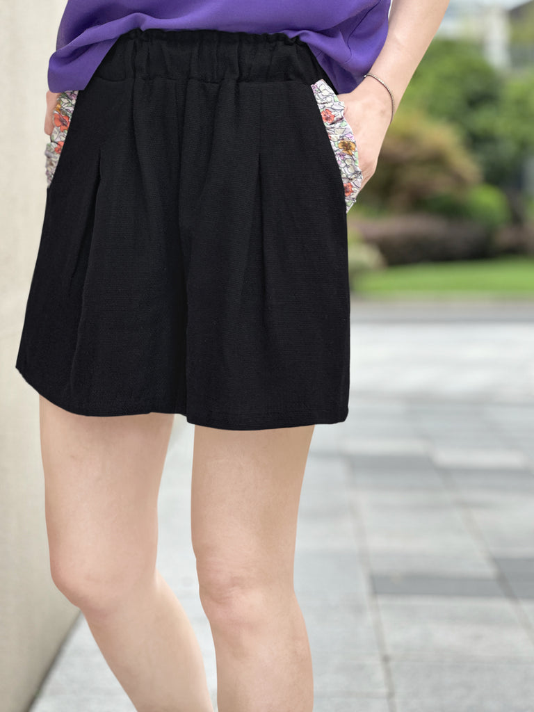 Surprise Sale! Black Floral Ruffled Pocket Pure Linen Paperbag Shorts