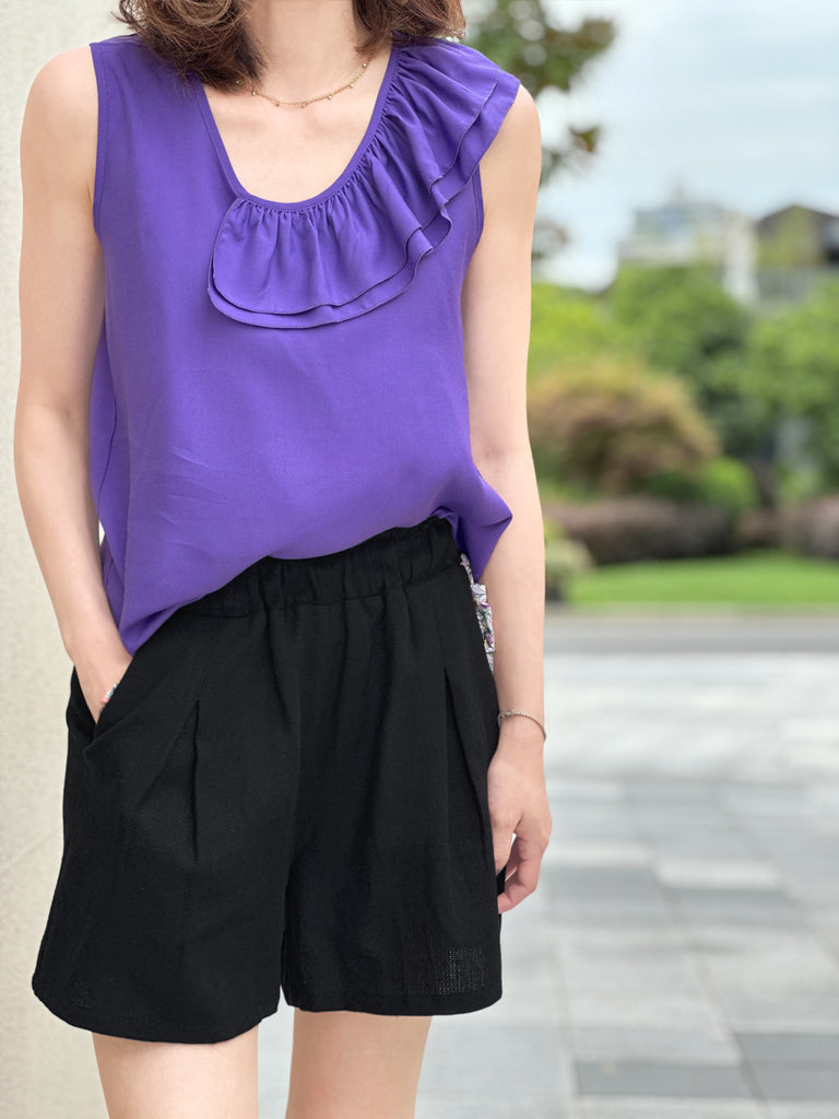 Surprise Sale! Black Floral Ruffled Pocket Pure Linen Paperbag Shorts