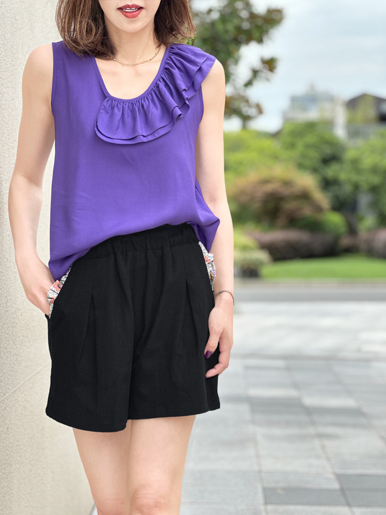 Surprise Sale! Black Floral Ruffled Pocket Pure Linen Paperbag Shorts