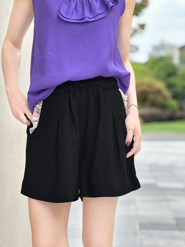 Surprise Sale! Black Floral Ruffled Pocket Pure Linen Paperbag Shorts