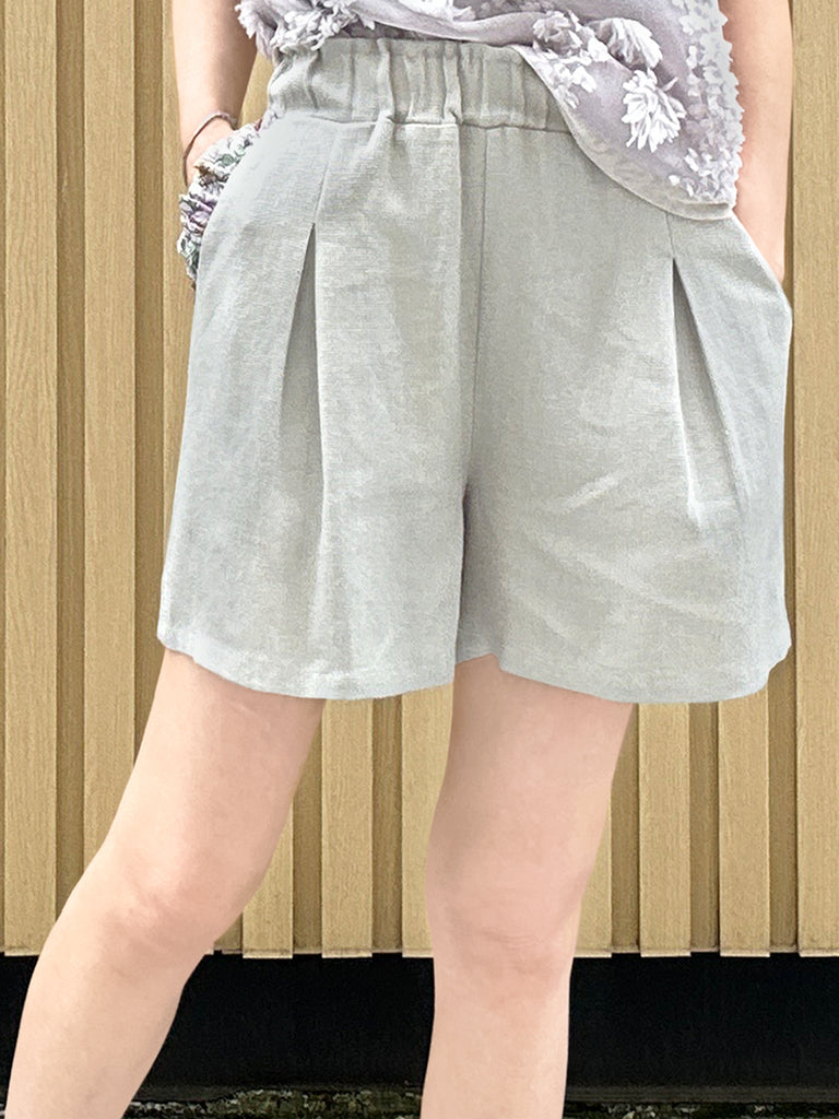 Surprise Sale! Greyish Green Floral Ruffled Pocket Pure Linen Paperbag Shorts