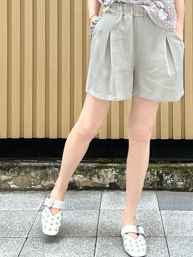 Surprise Sale! Greyish Green Floral Ruffled Pocket Pure Linen Paperbag Shorts