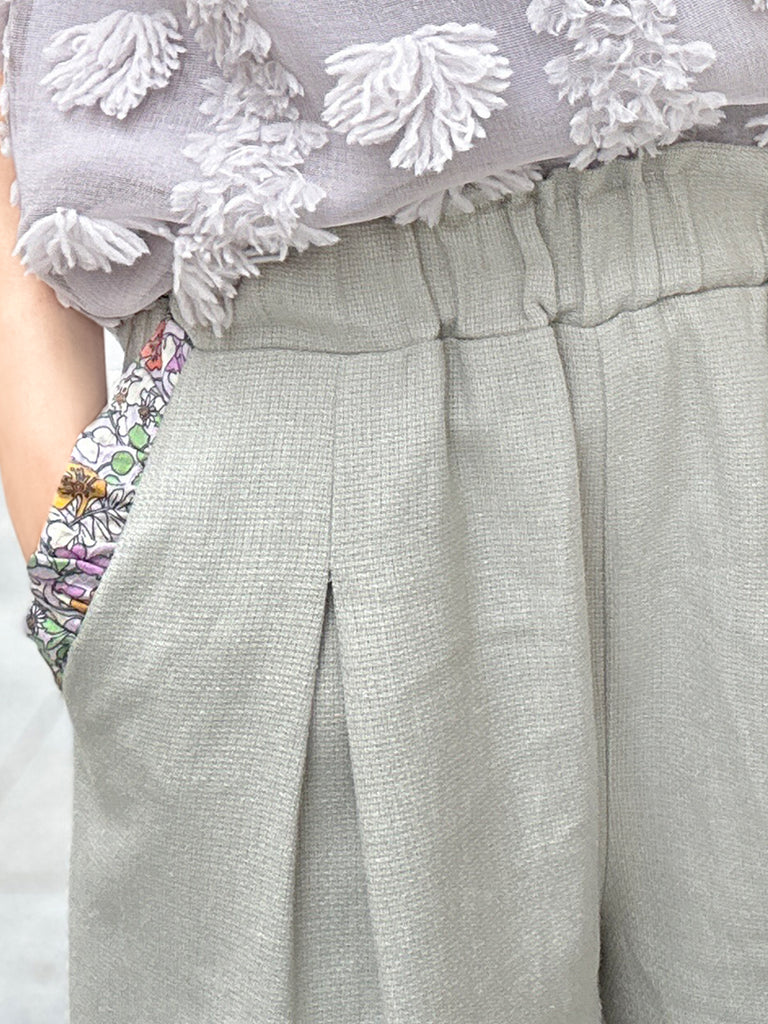 Surprise Sale! Greyish Green Floral Ruffled Pocket Pure Linen Paperbag Shorts