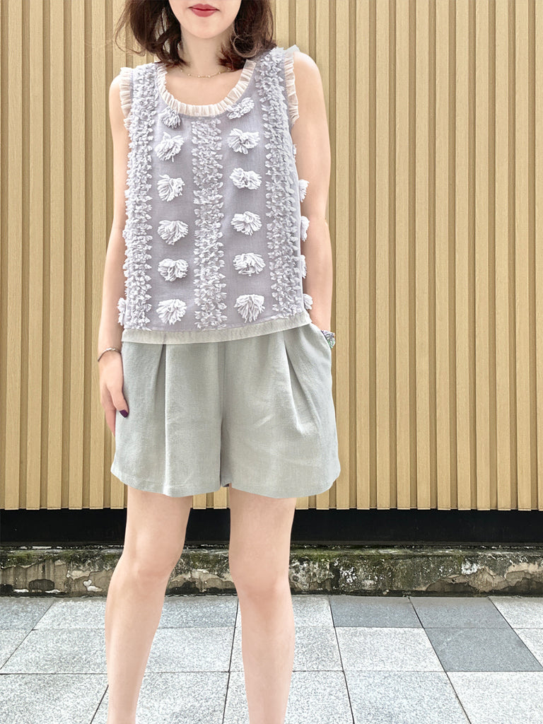 Surprise Sale! Greyish Green Floral Ruffled Pocket Pure Linen Paperbag Shorts