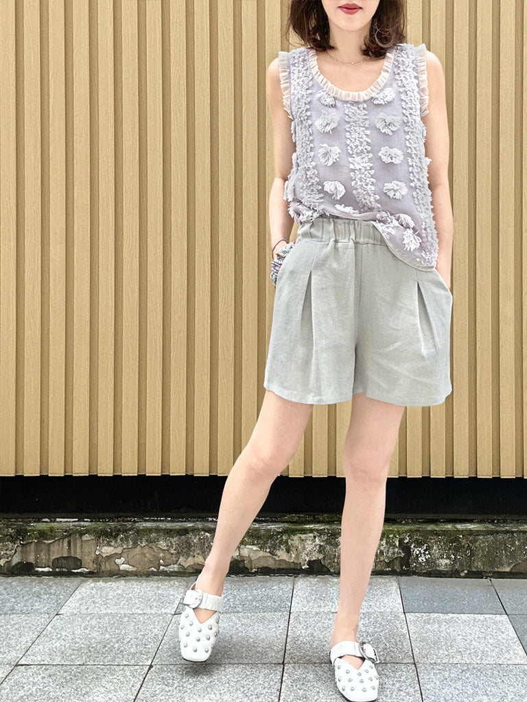 Surprise Sale! Greyish Green Floral Ruffled Pocket Pure Linen Paperbag Shorts