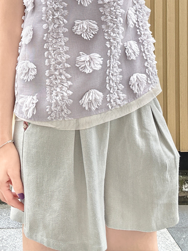 Surprise Sale! Greyish Green Floral Ruffled Pocket Pure Linen Paperbag Shorts