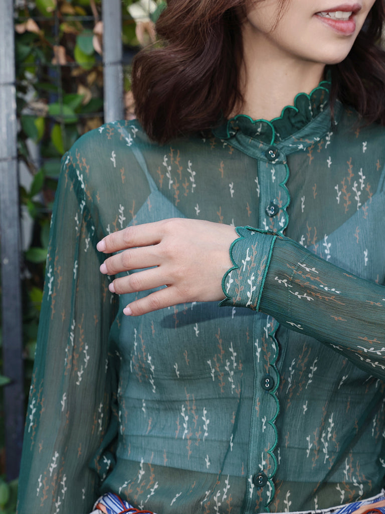 Green Print Tonal Scallop-Stitched Detail Silk Blouse