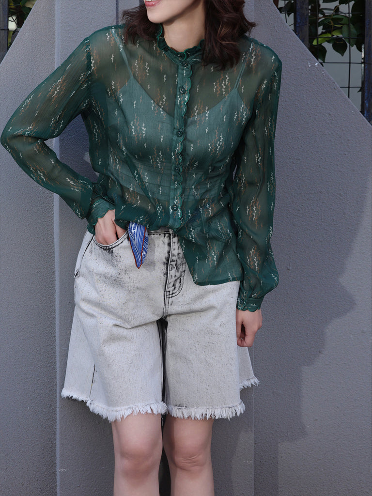 Green Print Tonal Scallop-Stitched Detail Silk Blouse