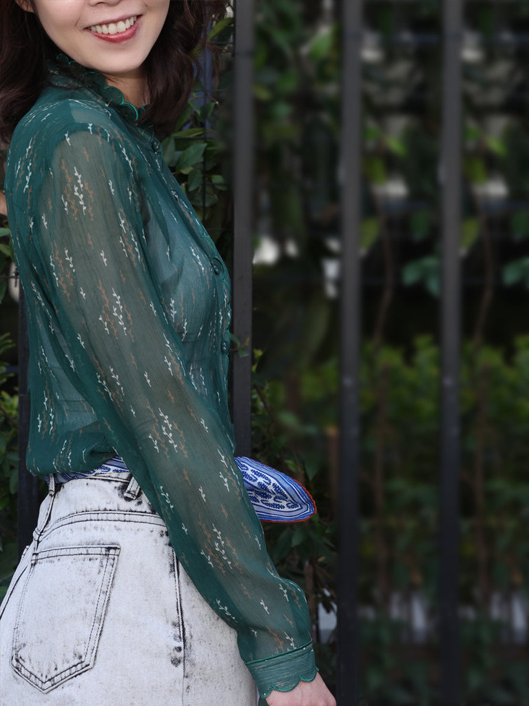 Green Print Tonal Scallop-Stitched Detail Silk Blouse