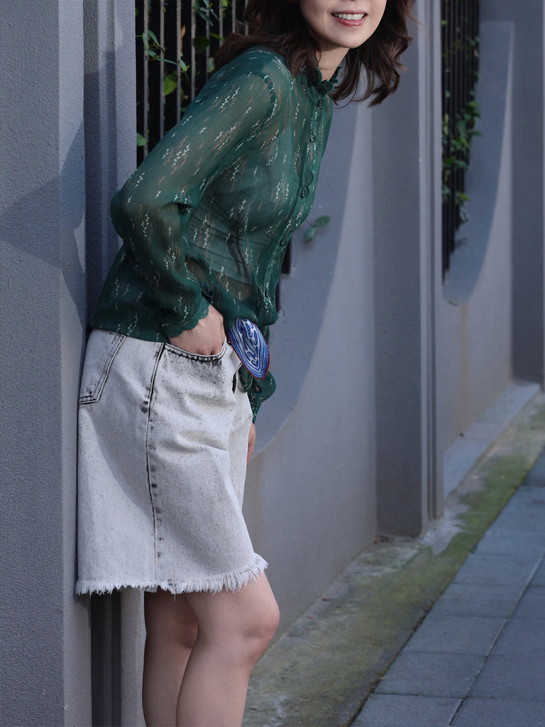 Green Print Tonal Scallop-Stitched Detail Silk Blouse