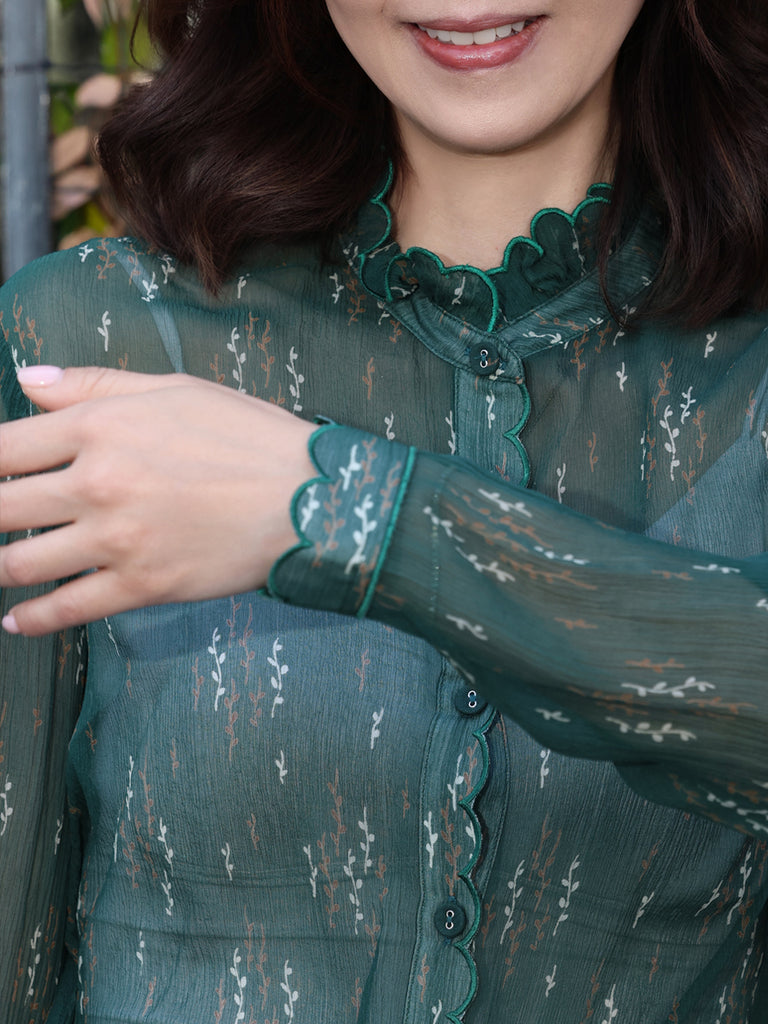 Green Print Tonal Scallop-Stitched Detail Silk Blouse