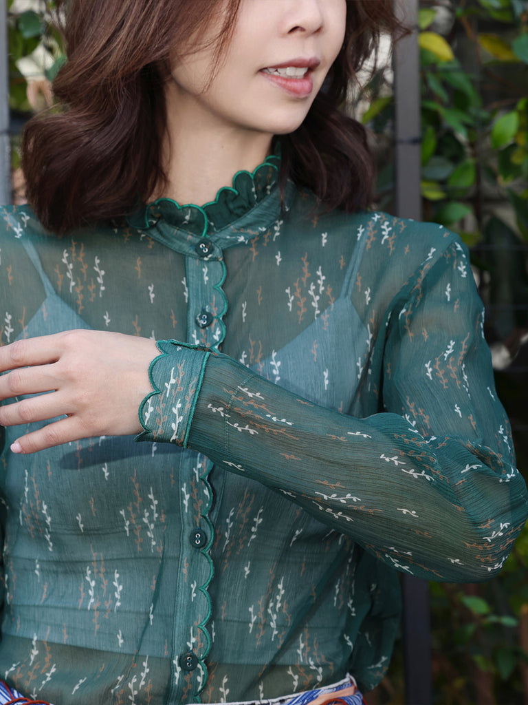 Green Print Tonal Scallop-Stitched Detail Silk Blouse