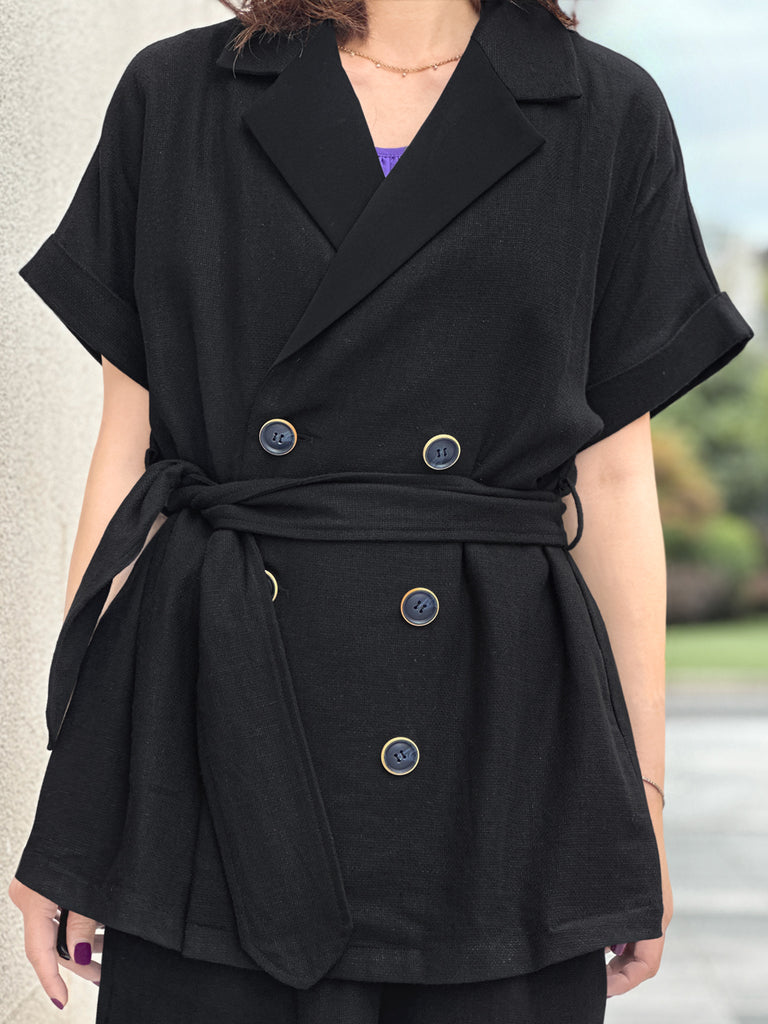 Surprise Sale! Black Tonal Trimmed Pure Linen Short Sleeves Blazer