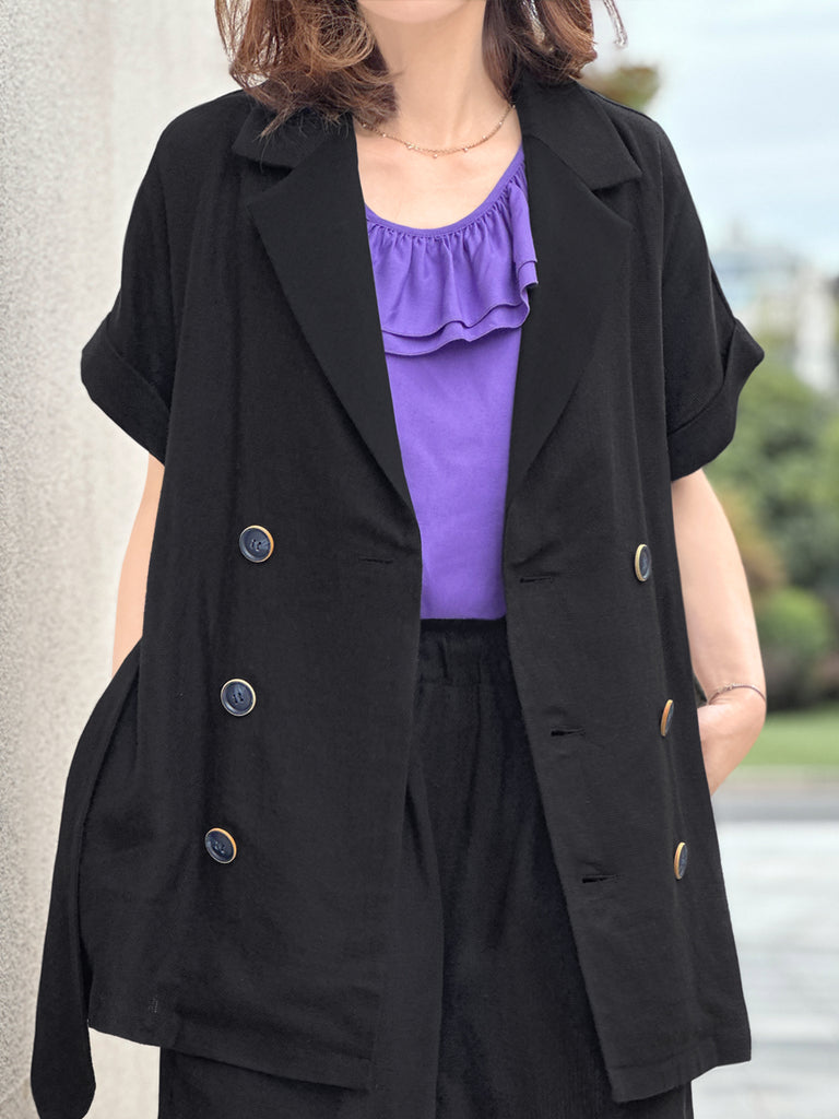 Surprise Sale! Black Tonal Trimmed Pure Linen Short Sleeves Blazer