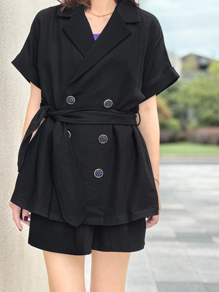 Surprise Sale! Black Tonal Trimmed Pure Linen Short Sleeves Blazer