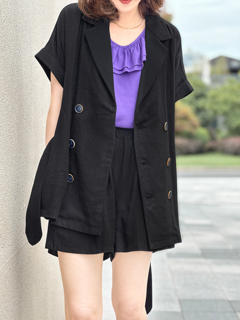 Surprise Sale! Black Tonal Trimmed Pure Linen Short Sleeves Blazer