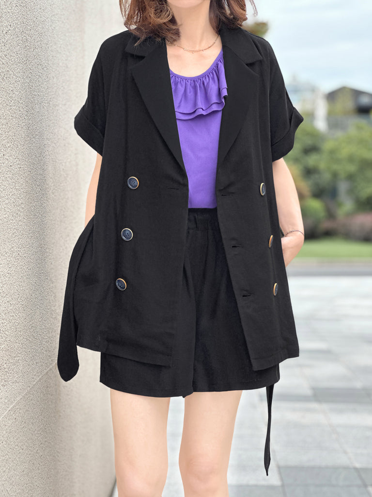 Surprise Sale! Black Tonal Trimmed Pure Linen Short Sleeves Blazer