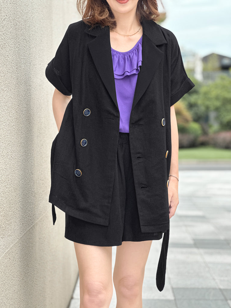 Surprise Sale! Black Tonal Trimmed Pure Linen Short Sleeves Blazer