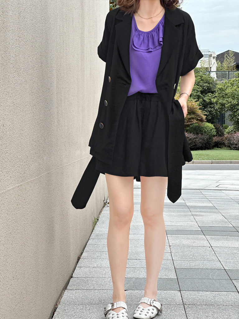 Surprise Sale! Black Tonal Trimmed Pure Linen Short Sleeves Blazer