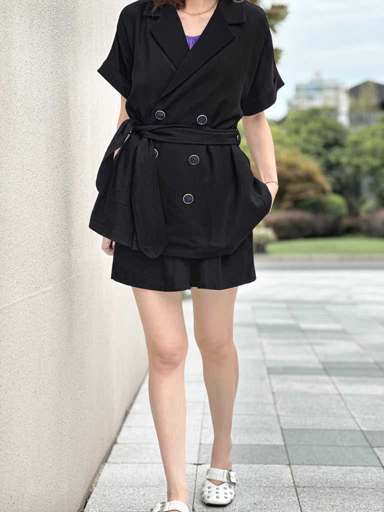 Surprise Sale! Black Tonal Trimmed Pure Linen Short Sleeves Blazer